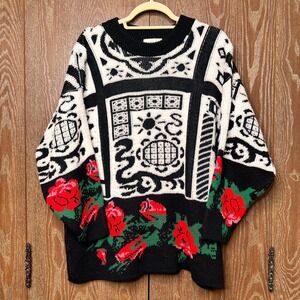 VTG Courtney Blake Acrylic Knit Rose Graphic Sweater Oversize USA Made Red White